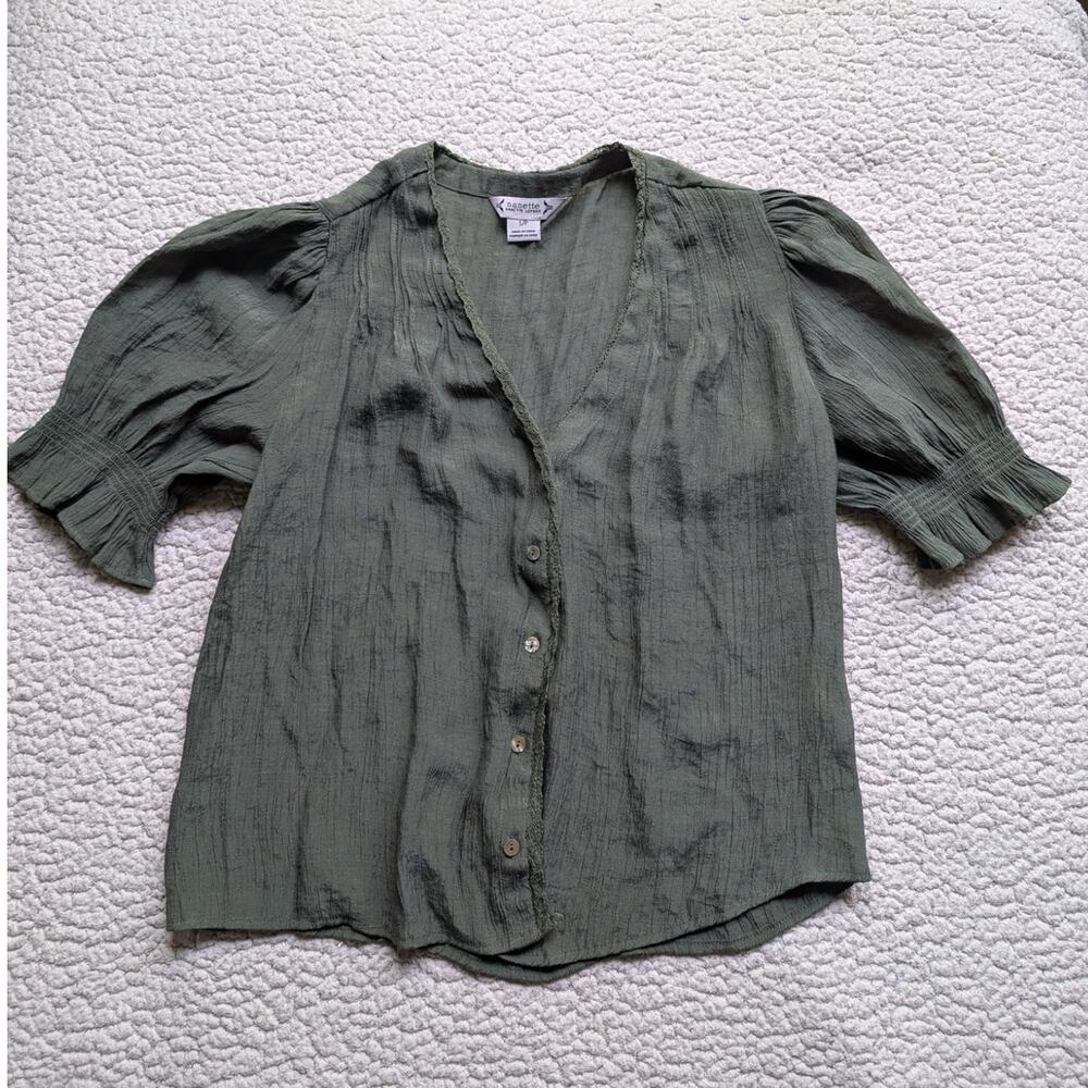 Nanette Lepore Army Green Short Sleeve Button Down Top Blouse Shirt S